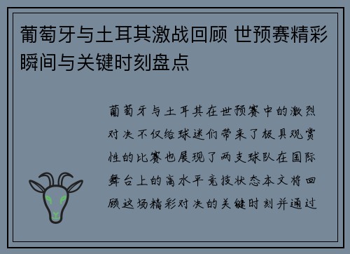葡萄牙与土耳其激战回顾 世预赛精彩瞬间与关键时刻盘点